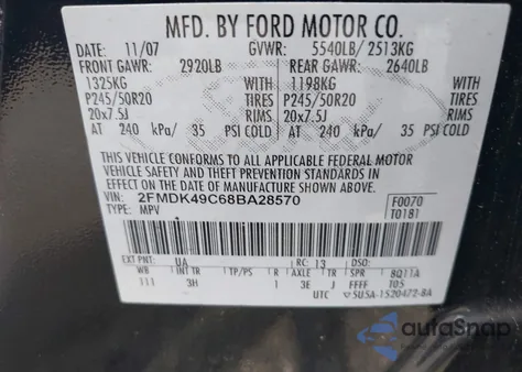 2008 Ford Edge Limited из США, поврежденный, VIN 2FMDK49C68BA28570